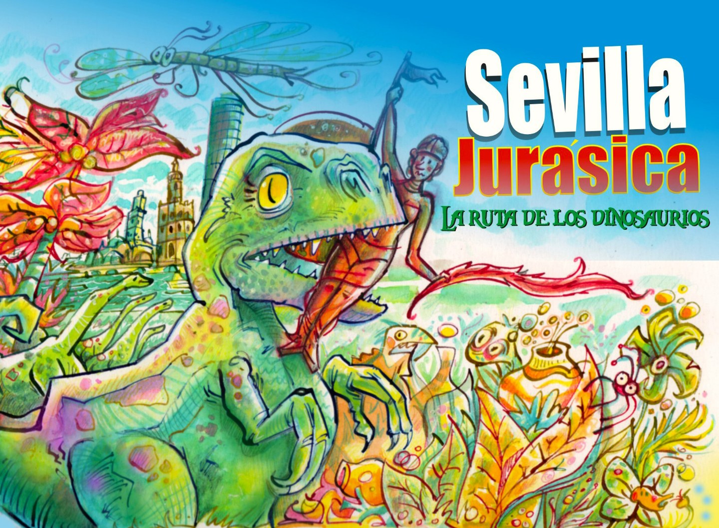 Niños explorando la Ruta de los Dinosaurios de Pantalunaticos en el Parque María Luisa, rodeados de figuras y actividades jurásicas.